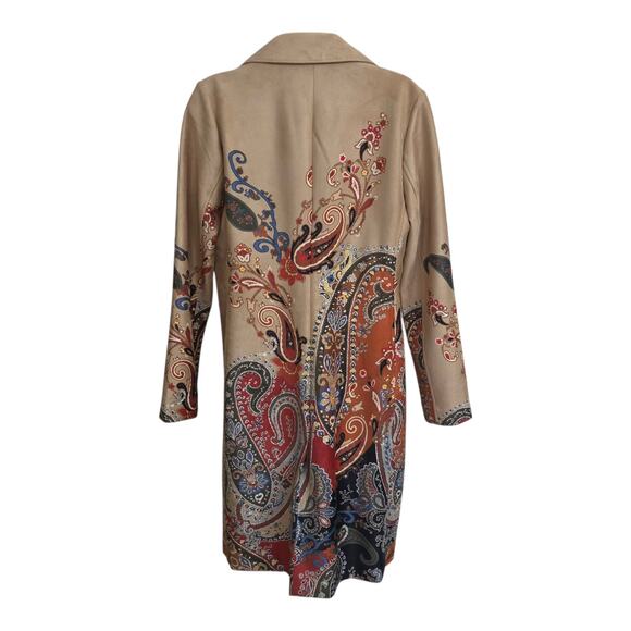 Chico's Paisley Faux Suede 1 Button Jacket Long Boho Duster Size 0 US S/M - Picture 2 of 4